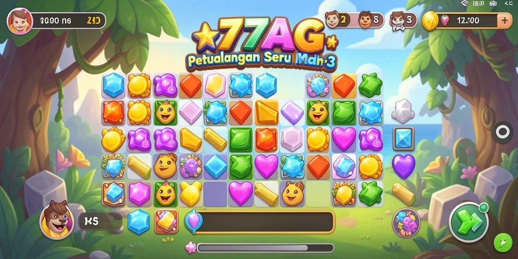 Tangkapan layar gameplay 77AG dengan aksi pencocokan permata.