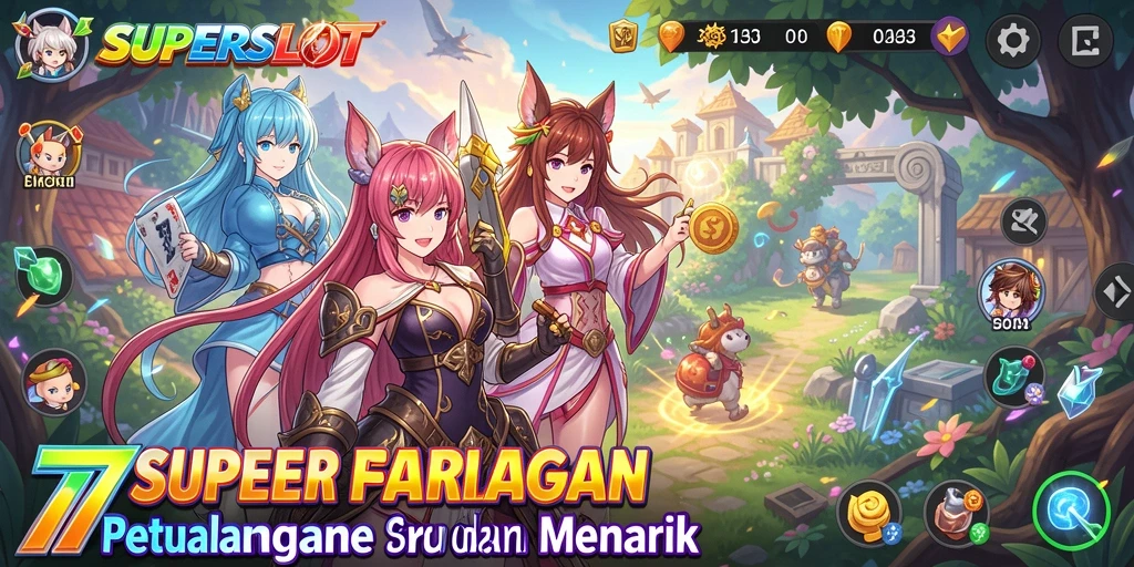 Tampilan gameplay <strong>77SUPERSLOT</strong> yang penuh warna dan karakter anime.
