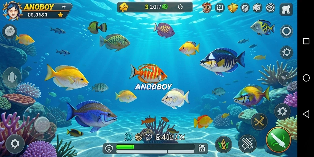 Screenshot gameplay ANOBOY yang menampilkan serunya Tembak Ikan.