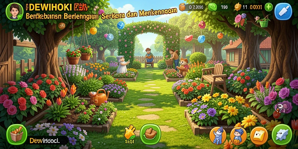 Gameplay seru DEWIHOKI dengan kebun yang indah dan tanaman beragam.