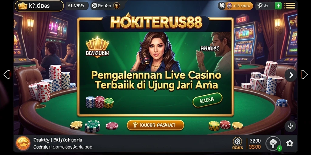 Tampilan gameplay HOKITERUS88 yang menampilkan dealer profesional dan suasana kasino nyata.